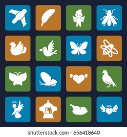 Wing icons set. set of 16 wing filled icons such as dove, butterfly, fly, heart with wings, bee, luggage compartment in airplane, heart angel wings, bird, love bird, angel
