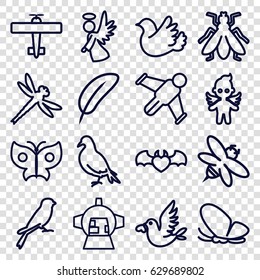Wing icons set. set of 16 wing outline icons such as dove, butterfly, sparrow, fly, bee, luggage compartment in airplane, devil heart with wings, bird, love bird, angel