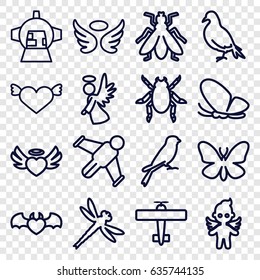 Wing icons set. set of 16 wing outline icons such as dove, beetle, butterfly, sparrow, fly, wings, luggage compartment in airplane, heart angel wings, angel, dragonfly, plane