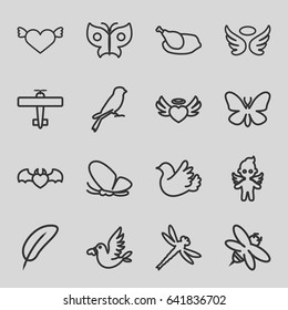 Wing icons set. set of 16 wing outline icons such as butterfly, sparrow, wings, bee, heart angel wings, bird, love bird, angel, chicken, dragonfly, plane