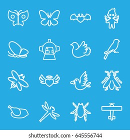 Wing icons set. set of 16 wing outline icons such as beetle, butterfly, sparrow, fly, bee, luggage compartment in airplane, heart angel wings, devil heart with wings, bird