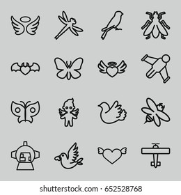 Wing icons set. set of 16 wing outline icons such as sparrow, butterfly, fly, wings, bee, luggage compartment in airplane, heart angel wings, bird, love bird, angel, dragonfly