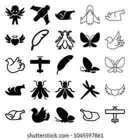 Wing icons. set of 25 editable filled and outline wing icons such as butterfly, fly, chicken, hang glider, heart angel wings, bird, dragonfly, plane, feather