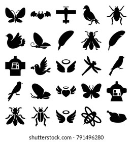 Wing icons. set of 25 editable filled wing icons such as dove, beetle, butterfly, sparrow, fly, wings, feather, bee, luggage compartment in airplane, heart angel wings