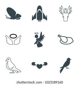 Wing icons. set of 9 editable filled and outline wing icons such as butterfly, angel, chicken, sparrow, dove, wings, hang glider