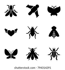 Wing icons. set of 9 editable filled wing icons such as beetle, fly, hang glider, butterfly, heart with wings