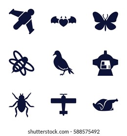 wing icons set. Set of 9 wing filled icons such as dove, beetle, butterfly, chicken, bee, luggage compartment in airplane, devil heart with wings, plane