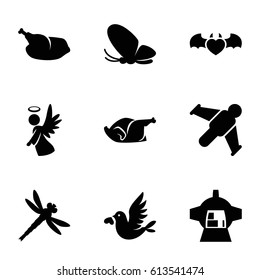 Wing icons set. set of 9 wing filled icons such as butterfly, chicken, luggage compartment in airplane, devil heart with wings, love bird, angel, dragonfly
