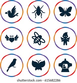 Wing icons set. set of 9 wing filled icons such as beetle, sparrow, butterfly, bee, luggage compartment in airplane, heart angel wings, love bird