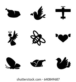 Wing icons set. set of 9 wing filled icons such as butterfly, heart with wings, chicken, bee, bird, love bird, angel