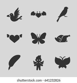 Wing icons set. set of 9 wing filled icons such as sparrow, butterfly, heart with wings, chicken, devil heart with wings, love bird, angel