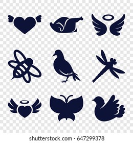 Wing icons set. set of 9 wing filled icons such as dove, wings, heart with wings, chicken, bee, heart angel wings, bird, butterfly