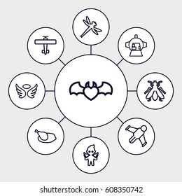 Wing icons set. set of 9 wing outline icons such as fly, wings, luggage compartment in airplane, devil heart with wings, angel, chicken, dragonfly, plane