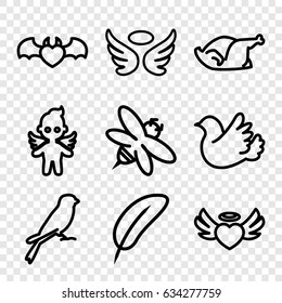 Wing icons set. set of 9 wing outline icons such as sparrow, wings, chicken, bee, heart angel wings, devil heart with wings, bird, angel