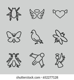 Wing icons set. set of 9 wing outline icons such as dove, beetle, butterfly, fly, wings, bee, angel, heart with wings