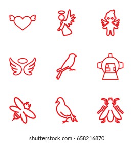 Wing icons set. set of 9 wing outline icons such as dove, sparrow, fly, wings, bee, luggage compartment in airplane, angel