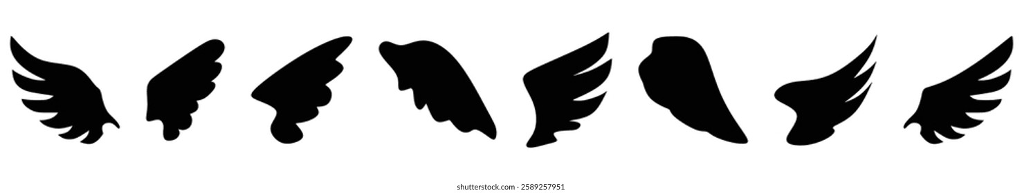 Wing icons set. Set of black wings icons. Bird wings, angel wings elements. Vector illustration.