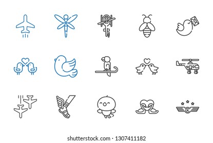 wing icons set. Collection of wing with air force, swans, bird, hermes, plane, helicopter, love birds, parrot, pigeon, bee, dragonfly. Editable and scalable wing icons.