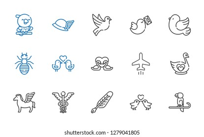 wing icons set. Collection of wing with parrot, love birds, quill, caduceus, pegasus, swan, plane, swans, ant, pigeon, dove, hermes. Editable and scalable wing icons.