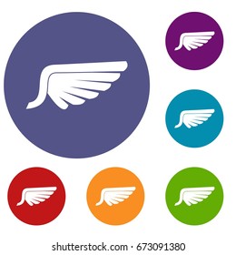 Wing icons set in flat circle reb, blue and green color for web