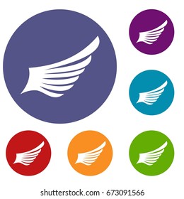Wing icons set in flat circle reb, blue and green color for web