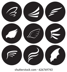 Wing icons set. White on a black background