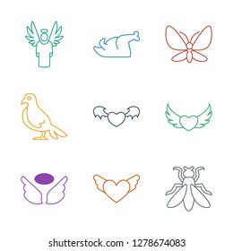 wing icons. Trendy 9 wing icons. Contain icons such as fly, heart with wings, wings, heart angel wings, devil heart with wings, dove, butterfly. wing icon for web and mobile.