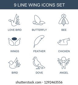 wing icons. Trendy 9 wing icons. Contain icons such as love bird, butterfly, bee, wings, feather, chicken, bird, dove, angel. wing icon for web and mobile.