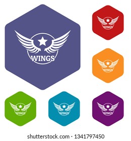 Wing icons vector colorful hexahedron set collection isolated on white 