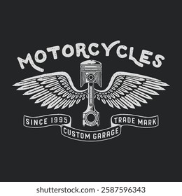 wing illustration piston graphic garage design motorcycle badge speed vintage custom