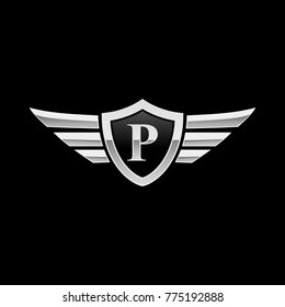 Wing Initial Letter P logo,  Shield Icon Logo