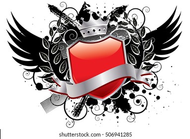 Wing Insignia
A shield with a crown and wings over a textured elements.