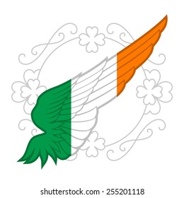 Wing with Ireland flag and monogram element with clover on white background. Vector illustration