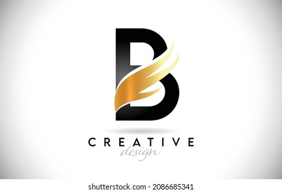 Wing Letter B with Golden Elegant Minimalist Design. Creative B letter Swoosh Icon Vector Illustration.