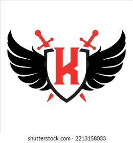 wing Letter k with sheild swords concept