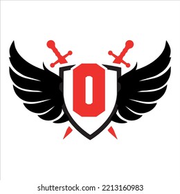 wing Letter O with sheild swords concept