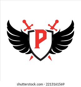 wing Letter P with sheild swords concept