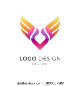 Wing letter V logo and 3d shape in gradient orange   purple color