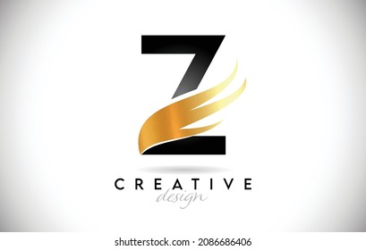 Wing Letter Z with Golden Elegant Minimalist Design. Creative Z letter Swoosh Icon Vector Illustration.