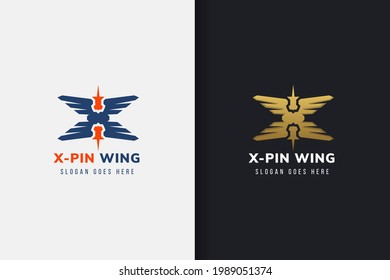 wing location logo design template design. Combination x cross wing with pin location on upper and down. Collection brand.