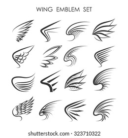 Wing Logo or Emblem set. Sixteen wing icons in different graphic styles. Isolated on white.