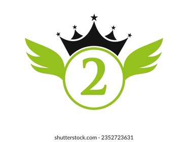 Wing Logo on Letter 2 Concept With Crown Icon Vector Template. Wing Symbol