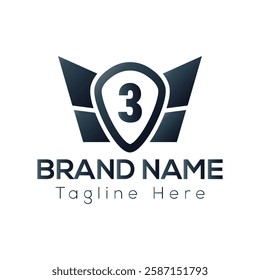 Wing Logo On Letter 3 Template. Wing On 3 Letter, Initial Wing Sign Concept Template	