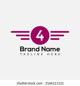 Wing Logo On Letter 4 Template. Wing On 4 Letter, Initial Wing Sign Concept 