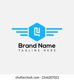 Wing Logo On Letter 4 Template. Wing On 4 Letter, Initial Wing Sign Concept 