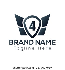Wing Logo On Letter 4 Template. Wing On 4 Letter, Initial Wing Sign Concept Template	