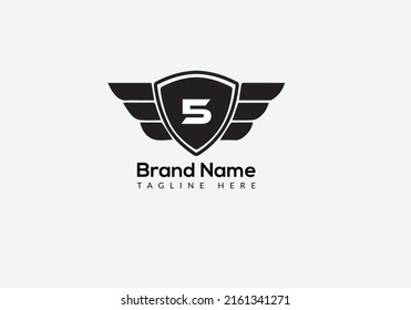 Wing Logo On Letter 5 Template. Wing On 5 Letter, Initial Wing Sign Concept Template