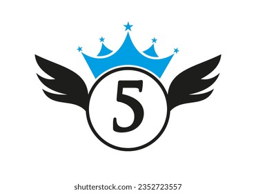 Wing Logo on Letter 5 Concept With Crown Icon Vector Template. Wing Symbol