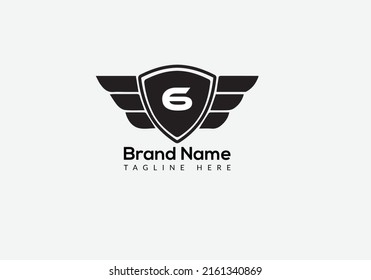 Wing Logo On Letter 6 Template. Wing On 6 Letter, Initial Wing Sign Concept Template