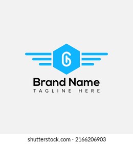 Wing Logo On Letter 6 Template. Wing On 6 Letter, Initial Wing Sign Concept 